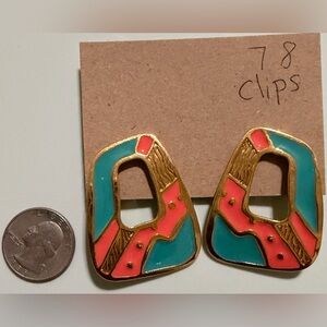 Gold-Tone Teal & Coral Enamel Geometric Clip-On Earrings